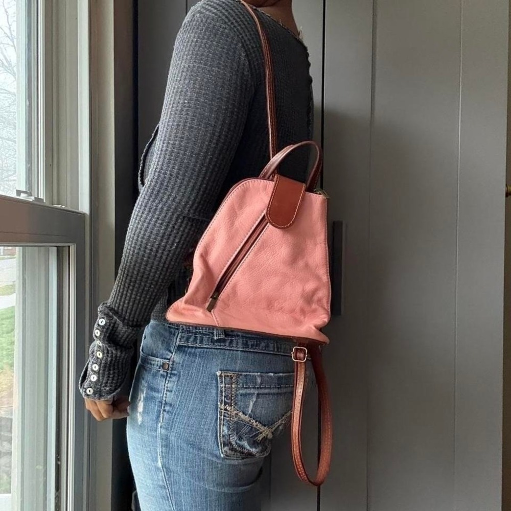 Vera Pelle Italian Leather Mini Backpack Pink Compact Unique